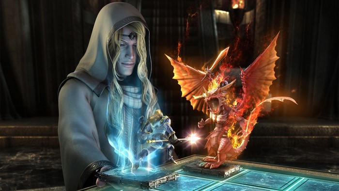 Fantasy artwork of a hooded figure playing a board game with figures
