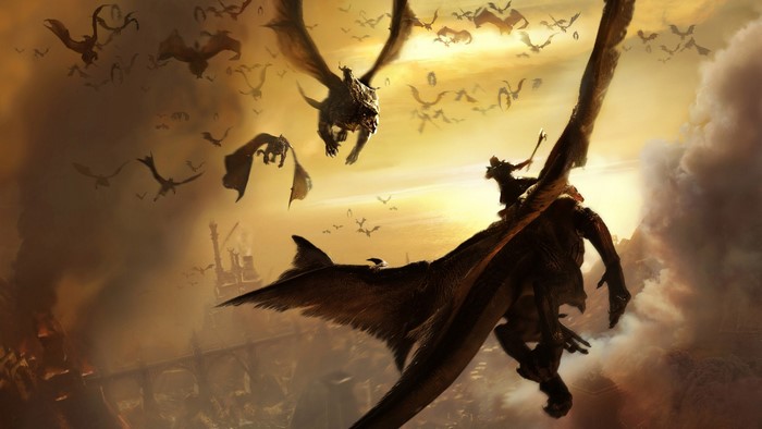 A swarm of dragons flying over a city at sunset
