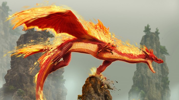 A fiery dragon perched on a rock