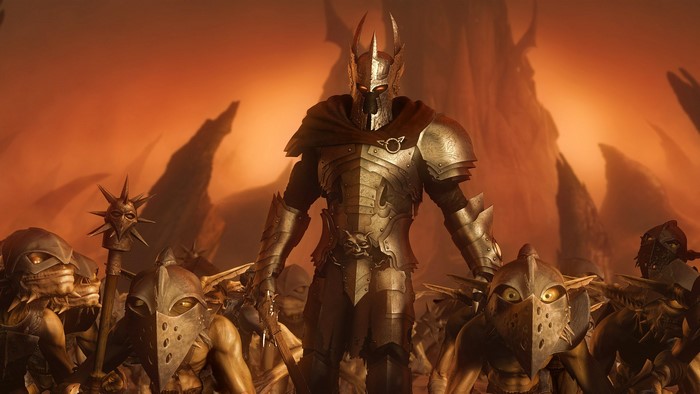Overlord and his goblin army in a fiery landscape