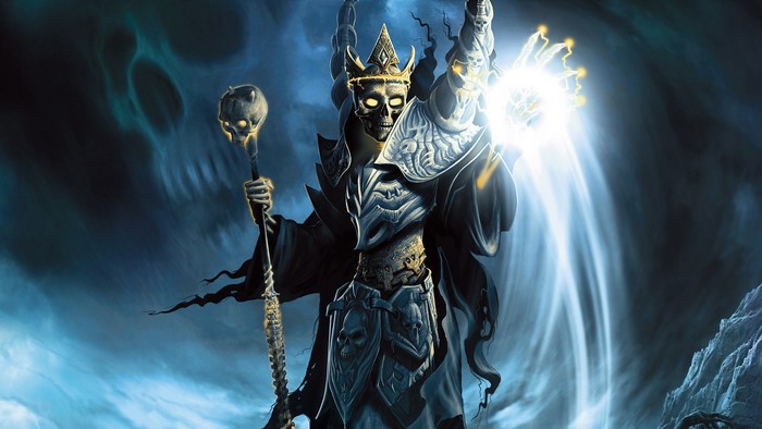 Skeleton sorcerer with glowing eyes and staff