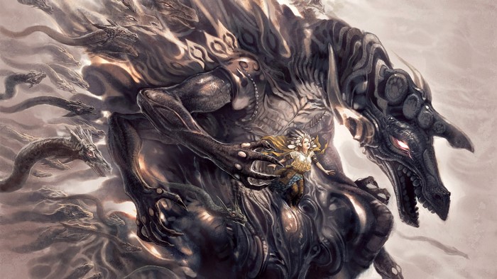 A woman rides a large dragon surrounded by smaller dragons