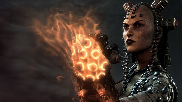 Female character with fiery gauntlet from Hellgate London