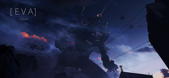 EVA Unit-01 from Neon Genesis Evangelion with Helicopters