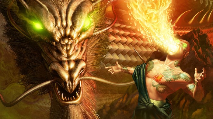 Dragon breathing fire on a tattooed man