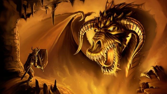 Knight facing a dragon in a cave