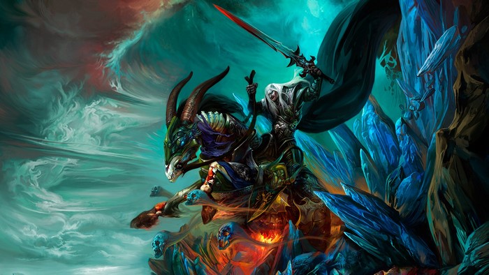 Arthas Menethil from World of Warcraft riding a demonic creature