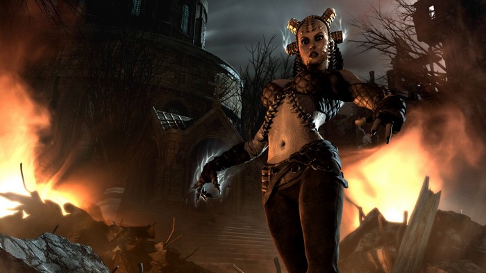 Female demon from Hellgate London in a burning environment