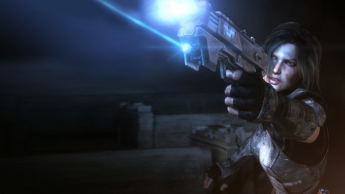 Woman firing a futuristic gun with a blue laser