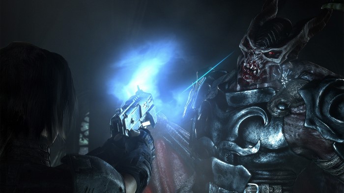 Demon and woman with gun in dark fantasy setting