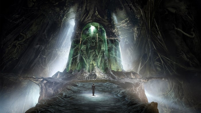 Creature in a crystal chamber in a dark cave