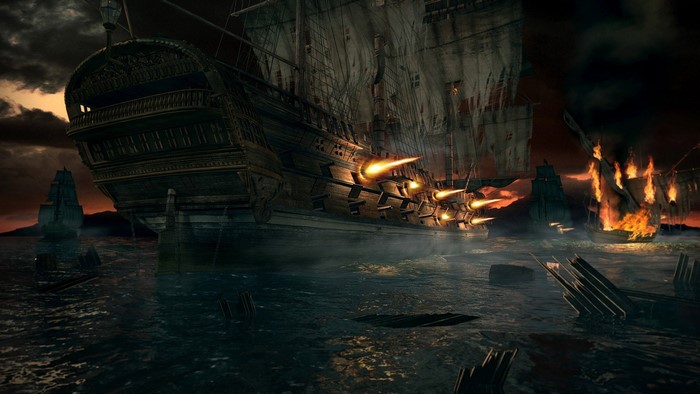 Pirate ships in battle with cannons firing and one ship burning