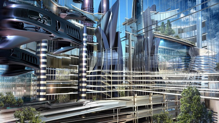 Futuristic city with flying vehicles and modern architecture