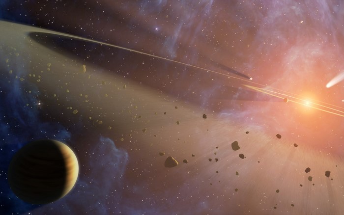 Planet with rings and asteroids in space