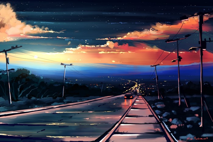 Digital art of a car on a road at sunset with power lines