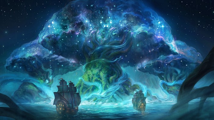Sailing ships under a cosmic tree with stars