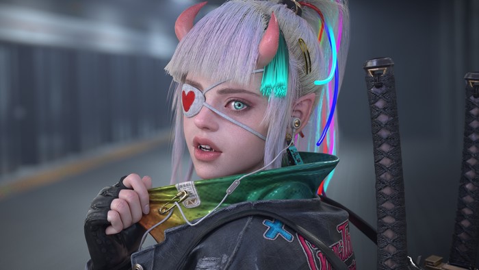3D render of an Oni girl with swords