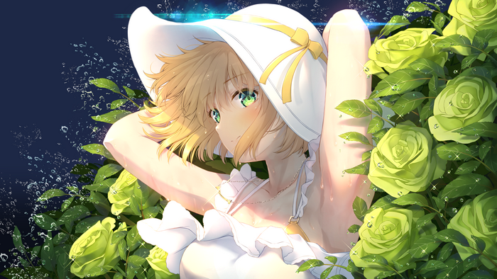 Anime girl with blonde hair and green eyes wearing a sun dress and hat