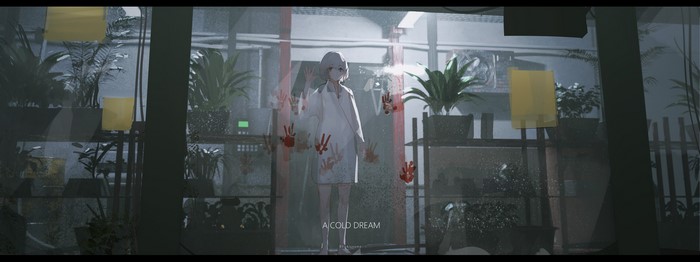 Anime girl with handprints on glass