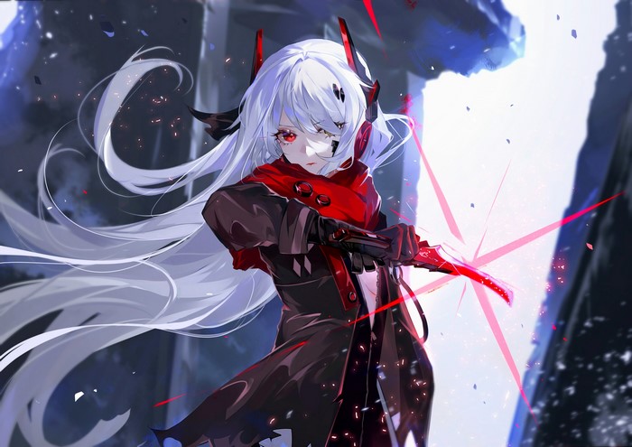 Vardan from Punishing: Gray Raven with silver hair and red scarf