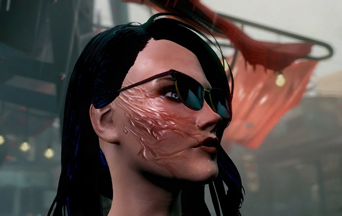 Piper Wright from Fallout 4 wearing sunglasses