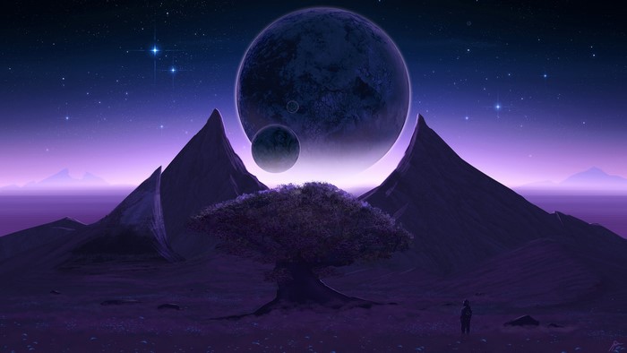 Space art with planets, stars, and a lone figure