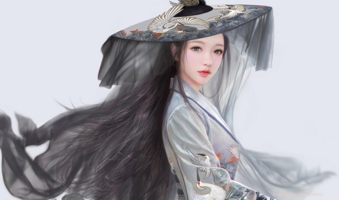 Artwork of Ruo Xin with a large hat and long hair
