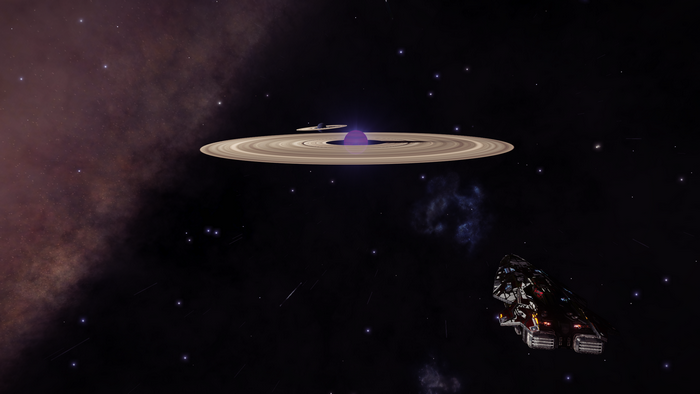 Anaconda spaceship near a ringed planet in Elite: Dangerous