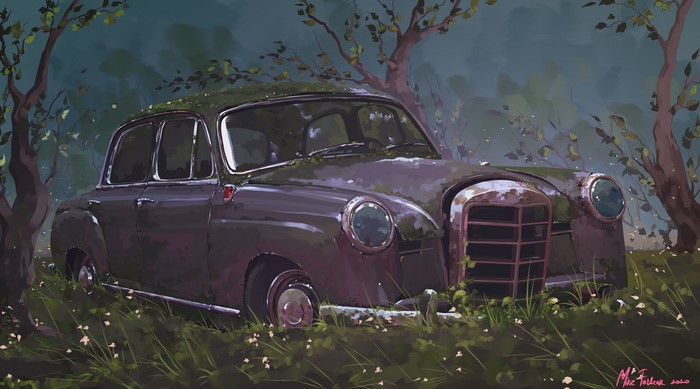 Abandoned Mercedes W180 overgrown with moss and flowers