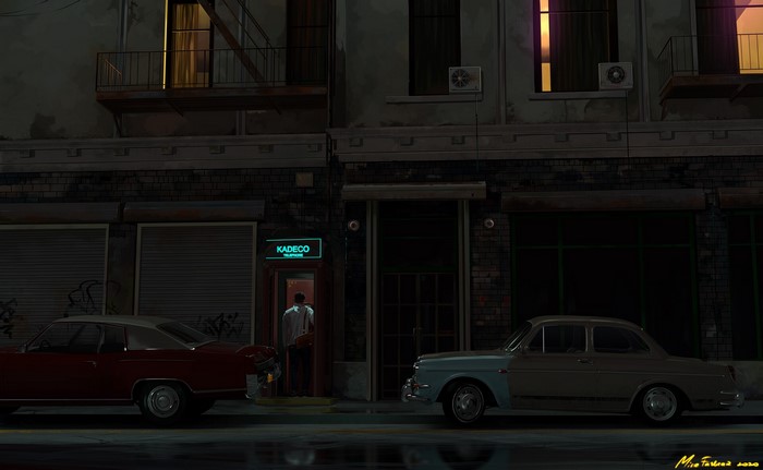 Man entering Kadeco store at night with cars