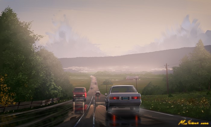 Cars on a wet road with mountains and trees
