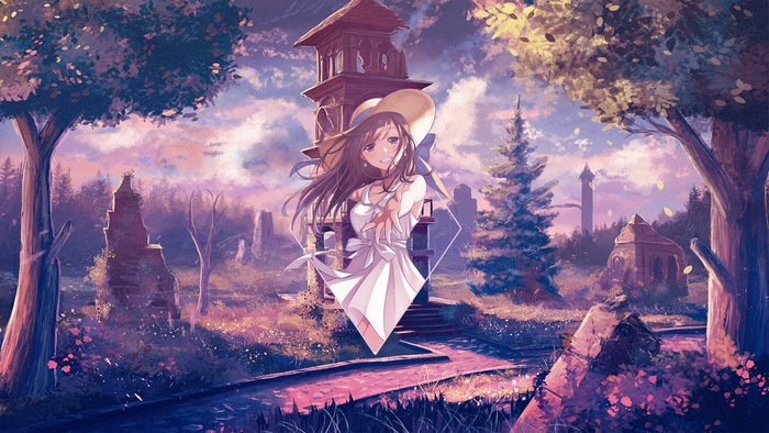 Anime girl in a white dress and straw hat reaching out