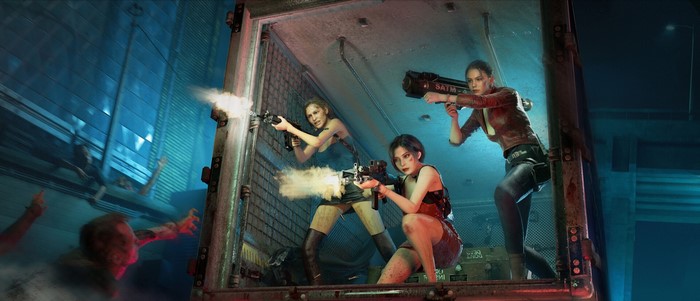Claire Redfield, Ada Wong, and Jill Valentine fighting zombies in Resident Evil