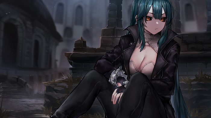 Anime girl with long teal hair and orange eyes