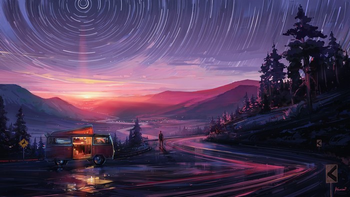 Digital art of a camper van at sunset with star trails