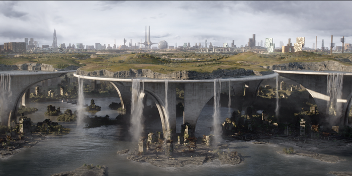 Futuristic Cityscape with Bridges and Waterfalls