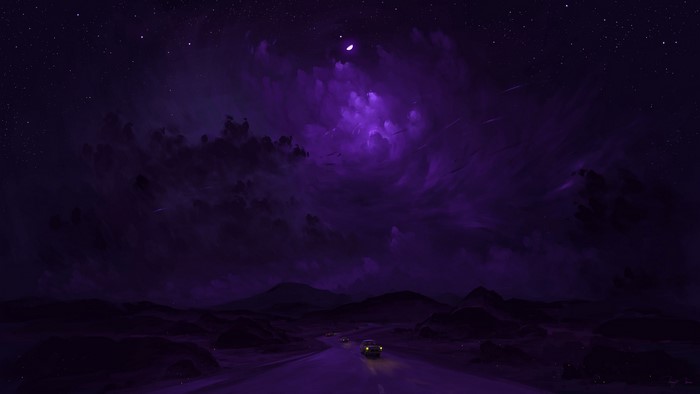 Digital painting of cars on a road at night under a starry sky with purple clouds