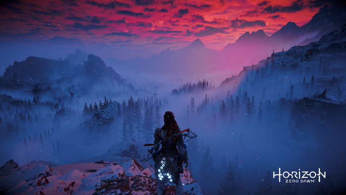 Aloy from Horizon Zero Dawn in a snowy mountain landscape