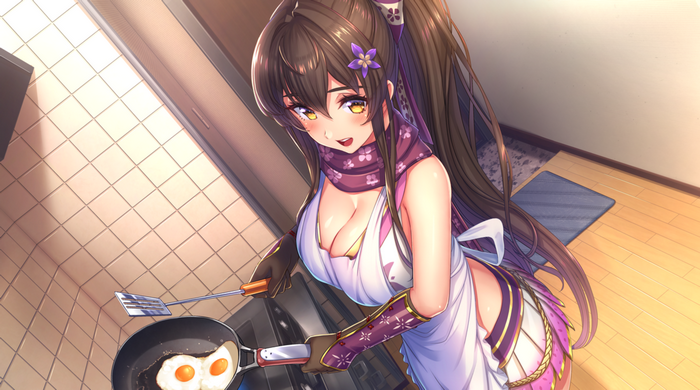 Ninja girl cooking eggs in a kitchen