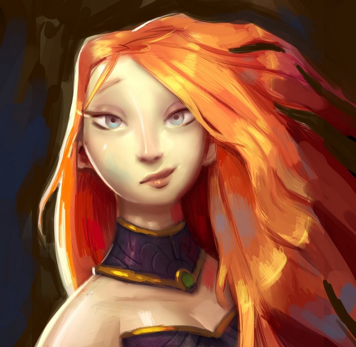 Fantasy art of a redhead woman with long hair