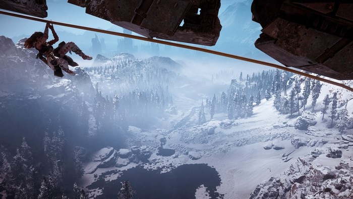 Aloy from Horizon Zero Dawn on a zipline