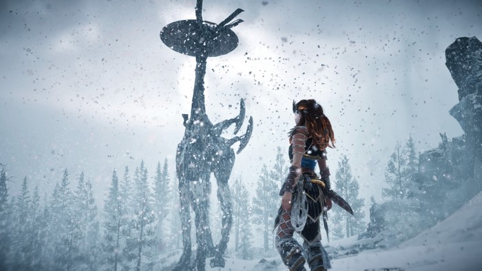 Aloy from Horizon Zero Dawn in a snowy landscape