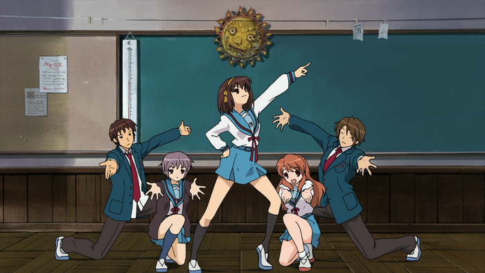 The Melancholy of Haruhi Suzumiya characters in a classroom