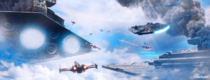 X-wings and Millennium Falcon battle Star Destroyers
