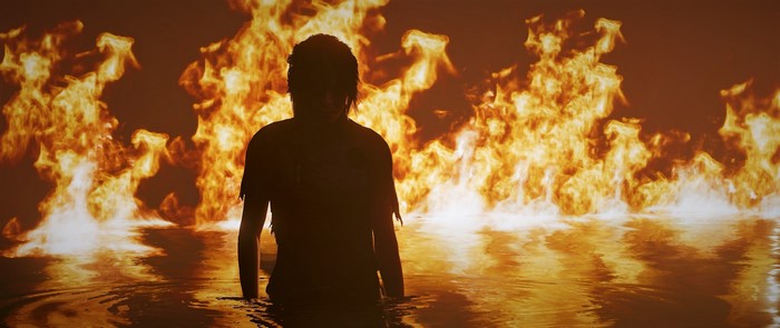 Lara Croft from Shadow of the Tomb Raider in fire and water
