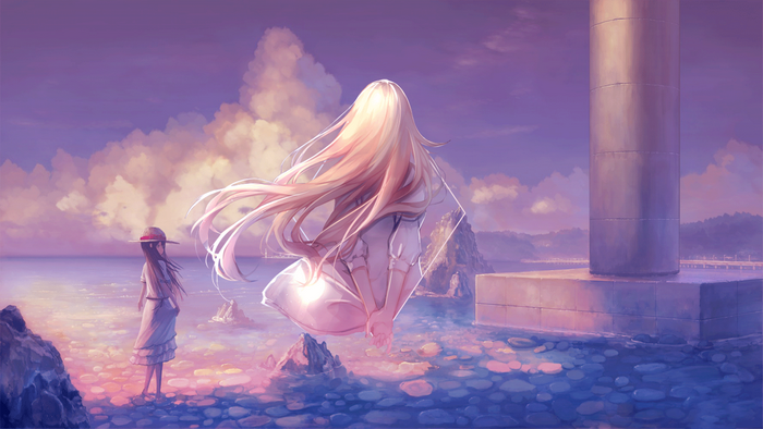 Anime girls on a beach at sunset with a lighthouse