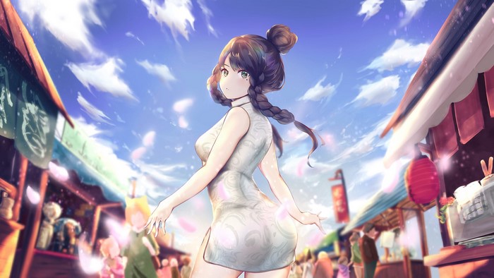 Anime girl in Chinese dress at a market