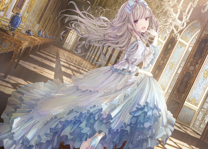 Anime girl in a ballroom with a flowing dress