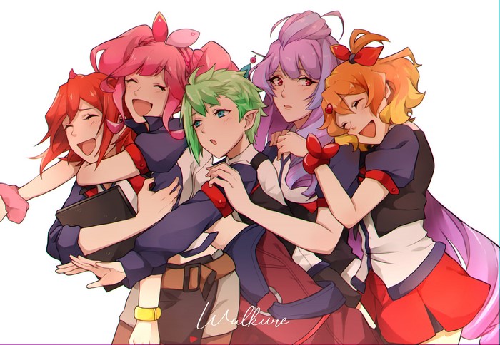 Walküre girls from Macross Delta hugging