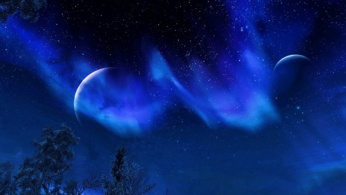 The Elder Scrolls V: Skyrim night sky with aurora and planets